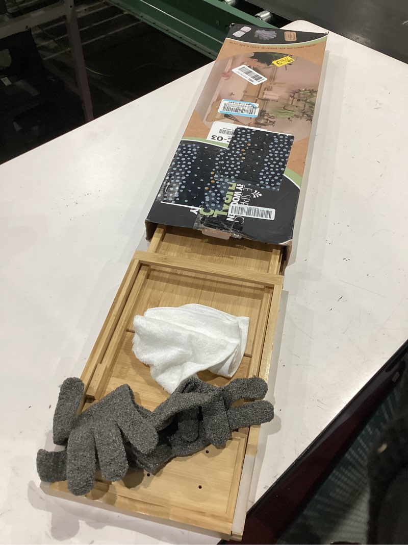 Condition photo showing Good Condition for temple spring bamboo bathtub tray caddy for tub — expandable wood bath tray with solid book stand wine holder and non-slip pads — includes bamboo soap dish and spa accessories — luxury bath gift set natural