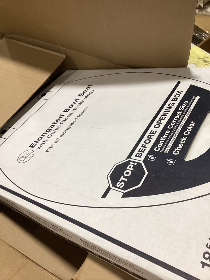 Condition photo showing New/Like New for kohler stonewood quiet-close elongated toilet seat, slow close design, durable wood, easy installation, universal fit, white finish, k-20466-0