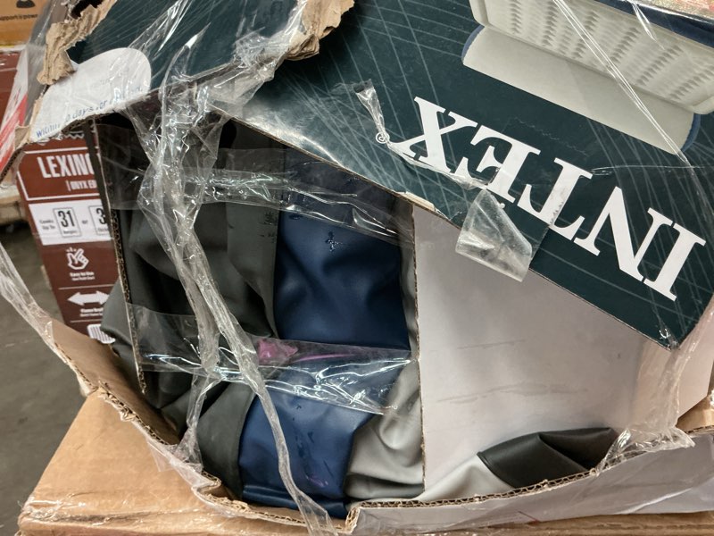 Condition photo showing As Is for intex headboard 18" queen dura-beam deluxe raised air bed mattress with built-in pump