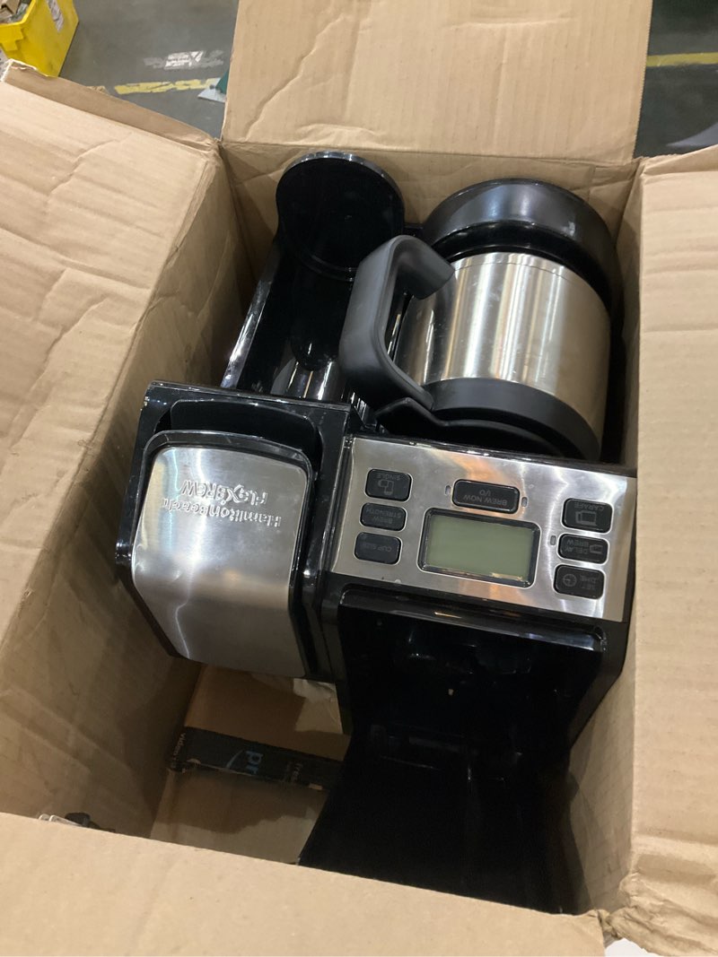 Condition photo showing As Is for Hamilton Beach FlexBrew Trio 2-Way Coffee Maker, Compatible with K-Cup Pods or Grounds, Combo, Single Serve & Full 12c Thermal Pot, Black and Stainless – Fast Brewing 12 Cups