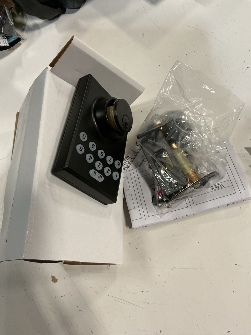 Condition photo showing As Is for reliabilt electronic keypad deadbolt door lock 5059217 matte black new