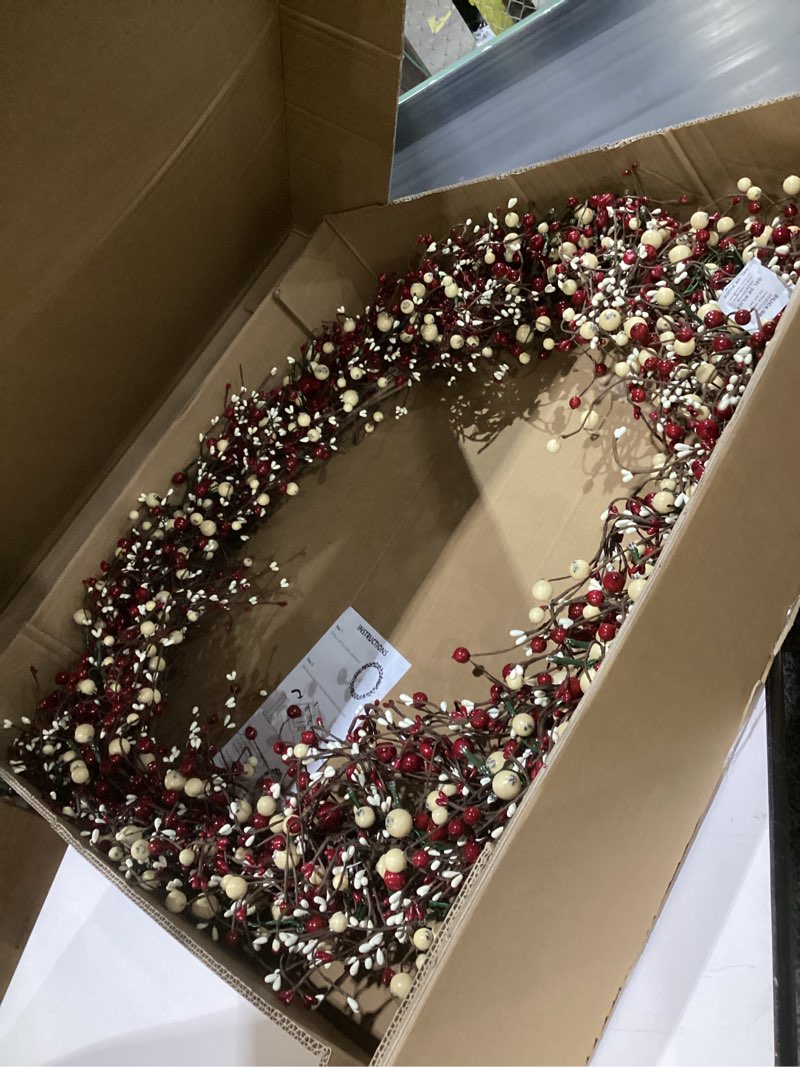 Condition photo showing Good Condition for red co. 22” light-up christmas wreath with red and cream pip berries, battery-operated led lights with timer 22 inches - diameter