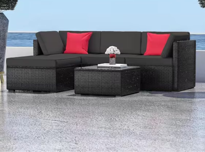 incomplete* missing boxes * 5-Piece Black Wicker Steel Outdoor Sectional Patio Furniture Corner Sofa Set and Coffee Table with Grey Cushions