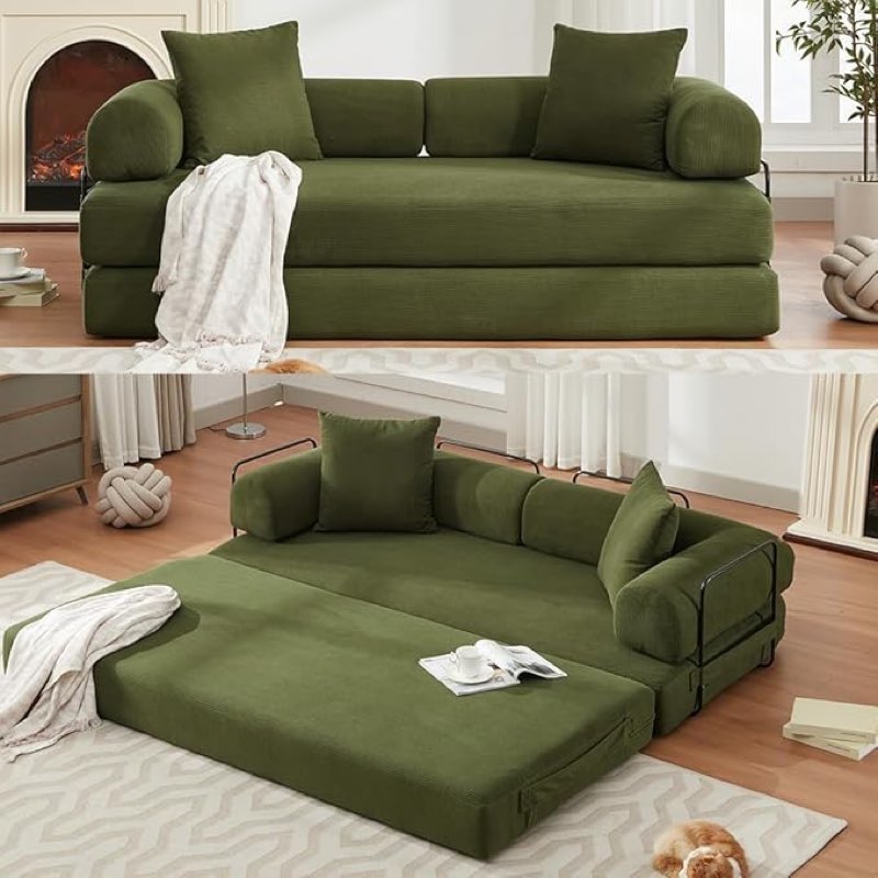 WILLIAMSPACE 78.5" Modern Loveseat Sofa Fold-Out Sofa Bed, Convertible Chair Floor Couch with Removable Backrest, Comfy King Size Sofa Bed for Living Room, Bedroom, Corduroy Fabric (Green)