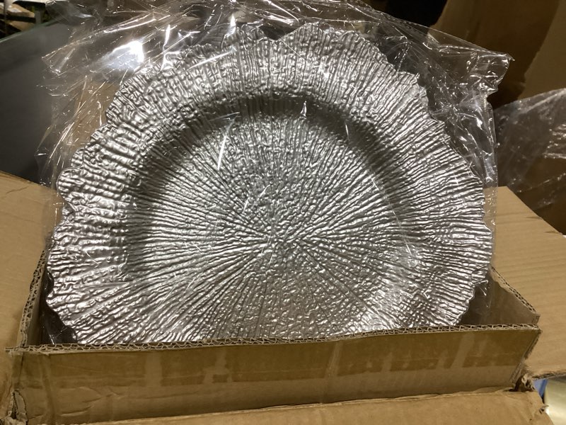 Condition photo showing Good Condition for 50 Pcs Silver Charger Plates Bulk, 13" Reef Plate Chargers for Dinner Plates, Plastic Floral Decorative Plates for Table Setting, Round Table Chargers for Wedding, Christmas, Party, Event, Decoration Silver 50 Pcs