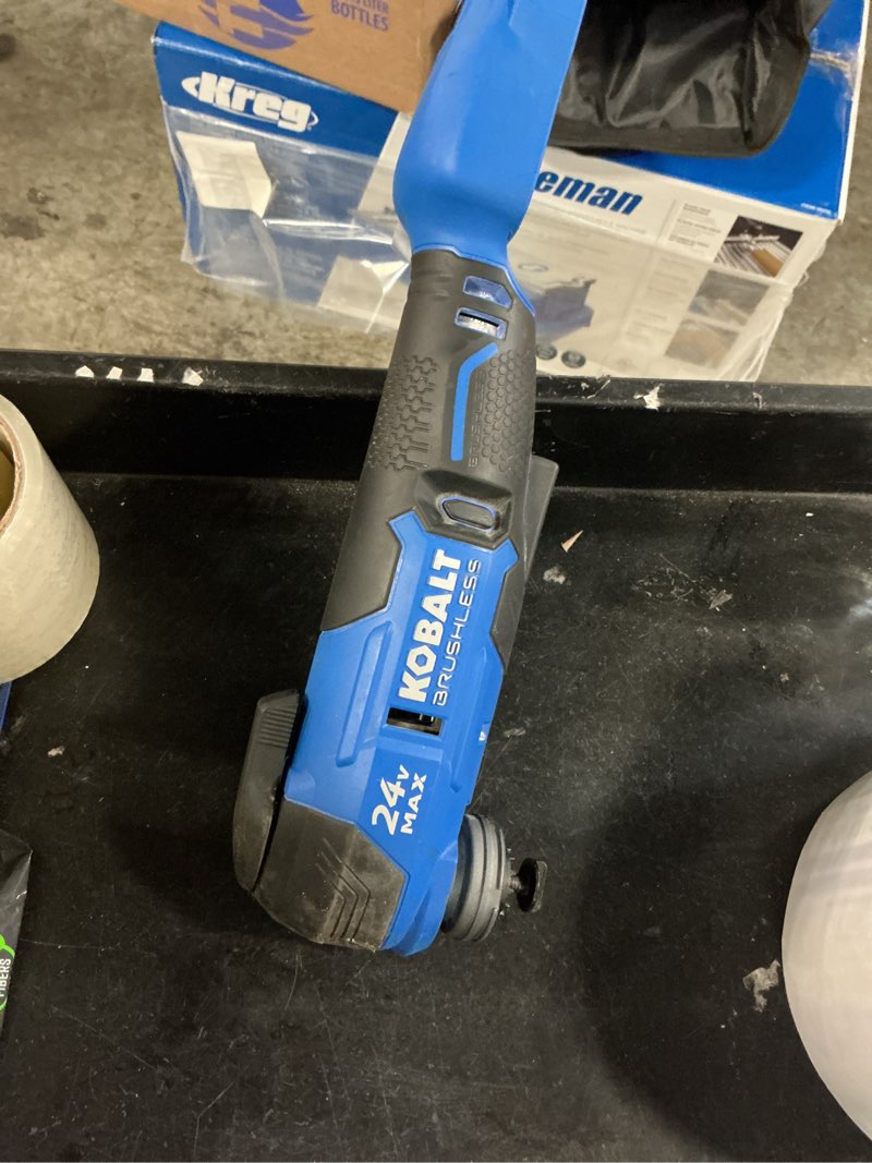 Condition photo showing As Is for kobalt 24-volt cordless brushless variable speed 17 -piece oscillating multi-tool with