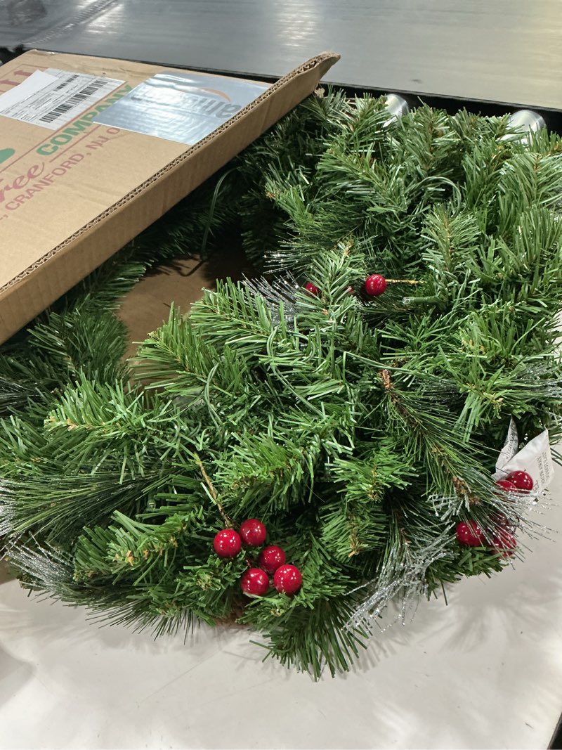 Condition photo showing Good Condition for National Tree Company 24 in Pre-Lit Crestwood Spruce Artificial Christmas Wreath, Christmas Decoration with Glitter, Pinecones, Red Berries, 50 Clear LED Lights, 160 Tips, Timer, Green Crestwood Spruce - 24 inch Battery Operated Wreath