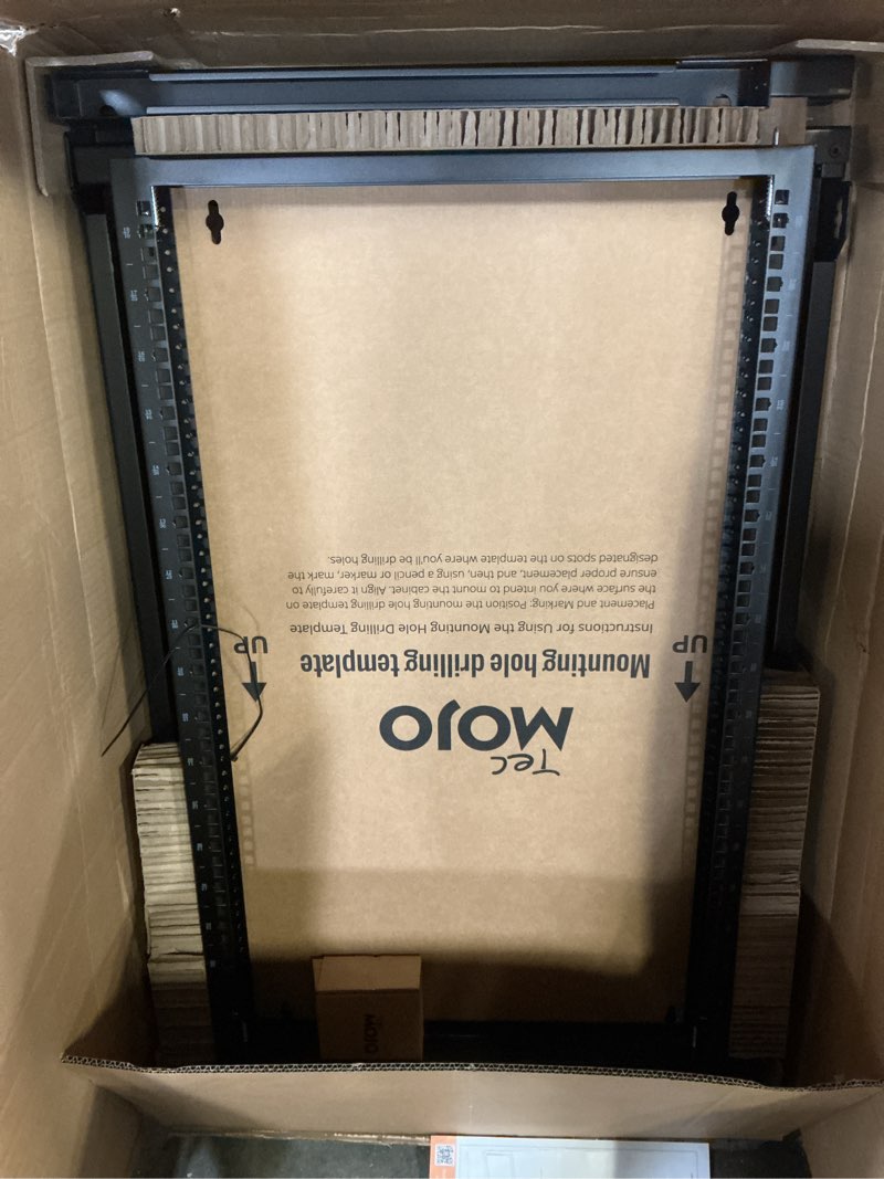 Condition photo showing Good Condition for tecmojo 18u wall mount server rack, open frame network rack for 19" computer/av/data/it/media equipment, 24" depth, 16" apart mounting holes, swing gate, square and tapped holes 18u/24" depth (new)