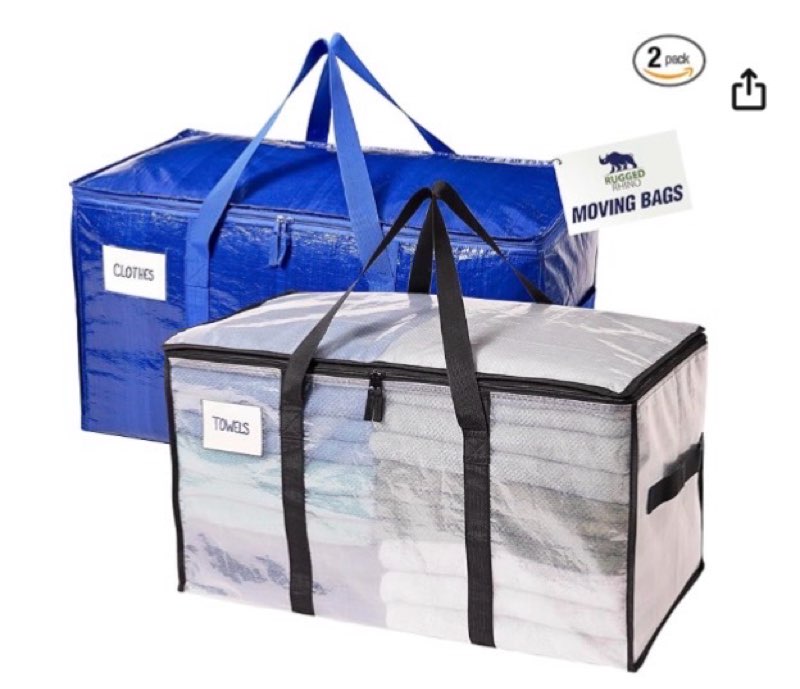 RUGGED RHINO Heavy Duty Extra Large Moving Bags, Durable Bag Strong Handles and Zipper, Moving Boxes Alternative for College Packing, Holiday Décor, Space Saving Storage with Label, 2 Pack Blue/Clear
