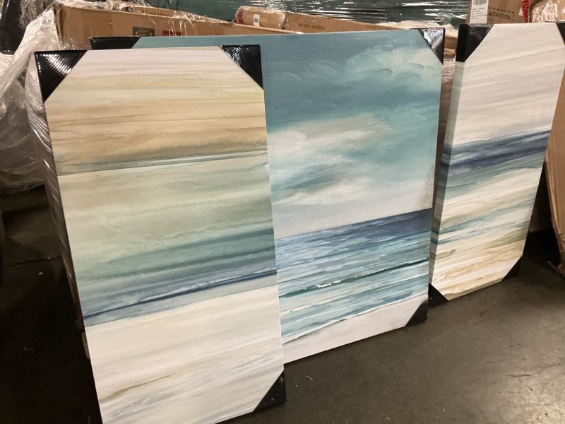 Condition photo showing As Is for haven home décor wild sea 44.5'' x 22.5'' abstract canvas wall art, 3-piece coastal seascape for living room, bedroom, family room, blue and green