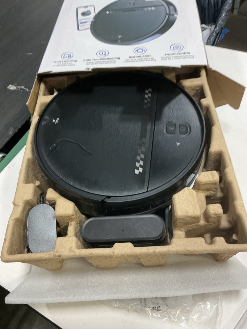 Condition photo showing As Is for robot vacuum and mop combo, 2-in-1 robot vacuum cleaner, perfect for pet hair, hard floor and carpet, anti-bump, anti-fall, app, voice and remote control multicolor