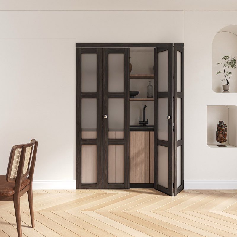 Ark Design 3-Lite Tempered Frosted Glass Closet Bifold Door with Hardware Kit & Knob, Solid Core MDF Wood , Iron Age