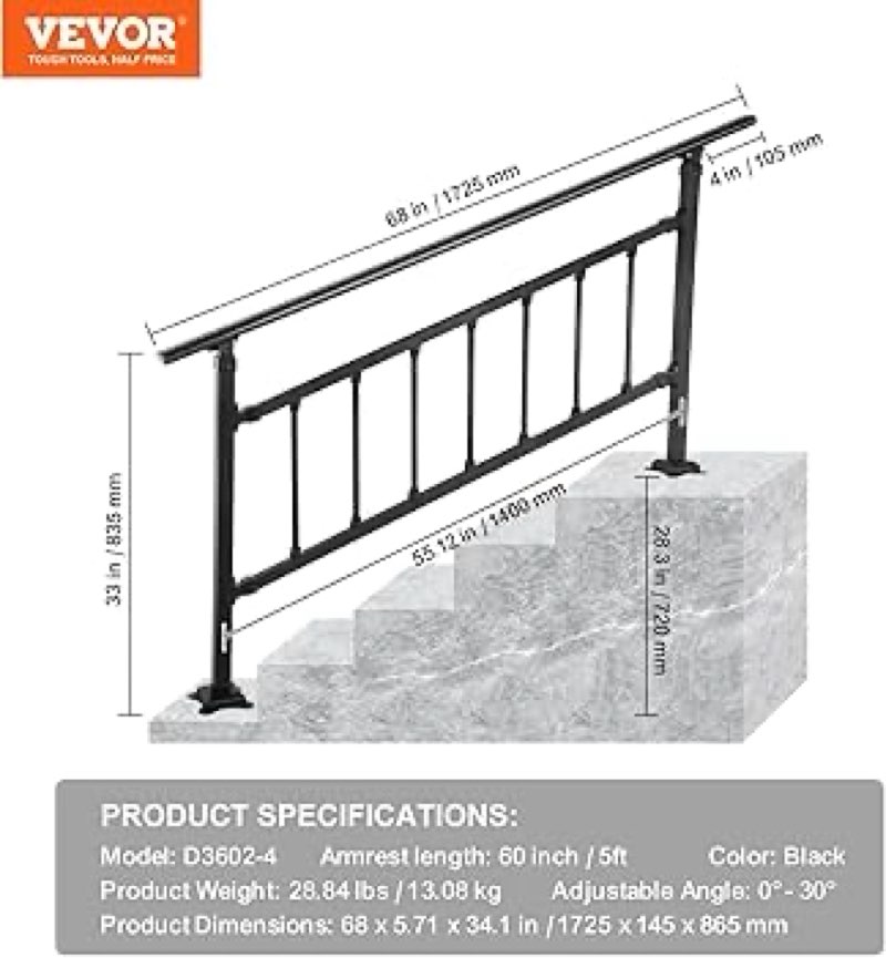 vevor outdoor stair railing, fits for 1-5 steps transitional wrought iron