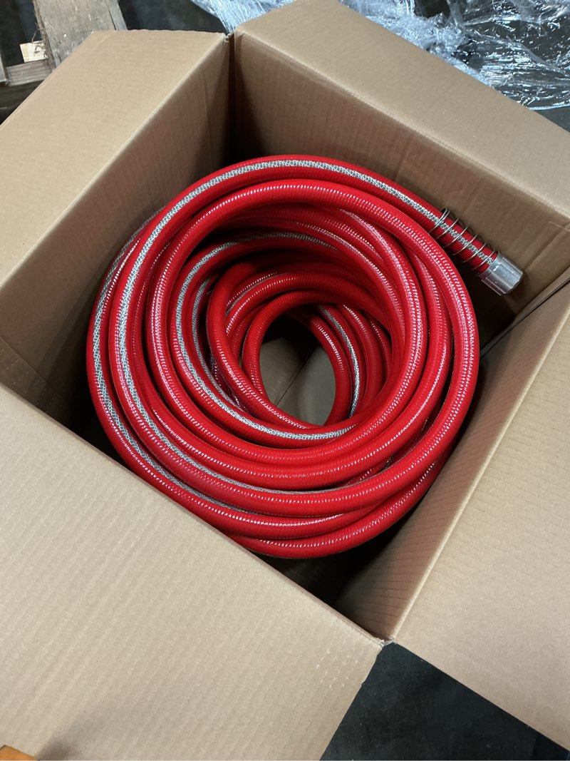 Condition photo showing As Is for kink control contractor grade hose with high burst strength, spring coil and crush resistant couplings, made in the us 100 ft