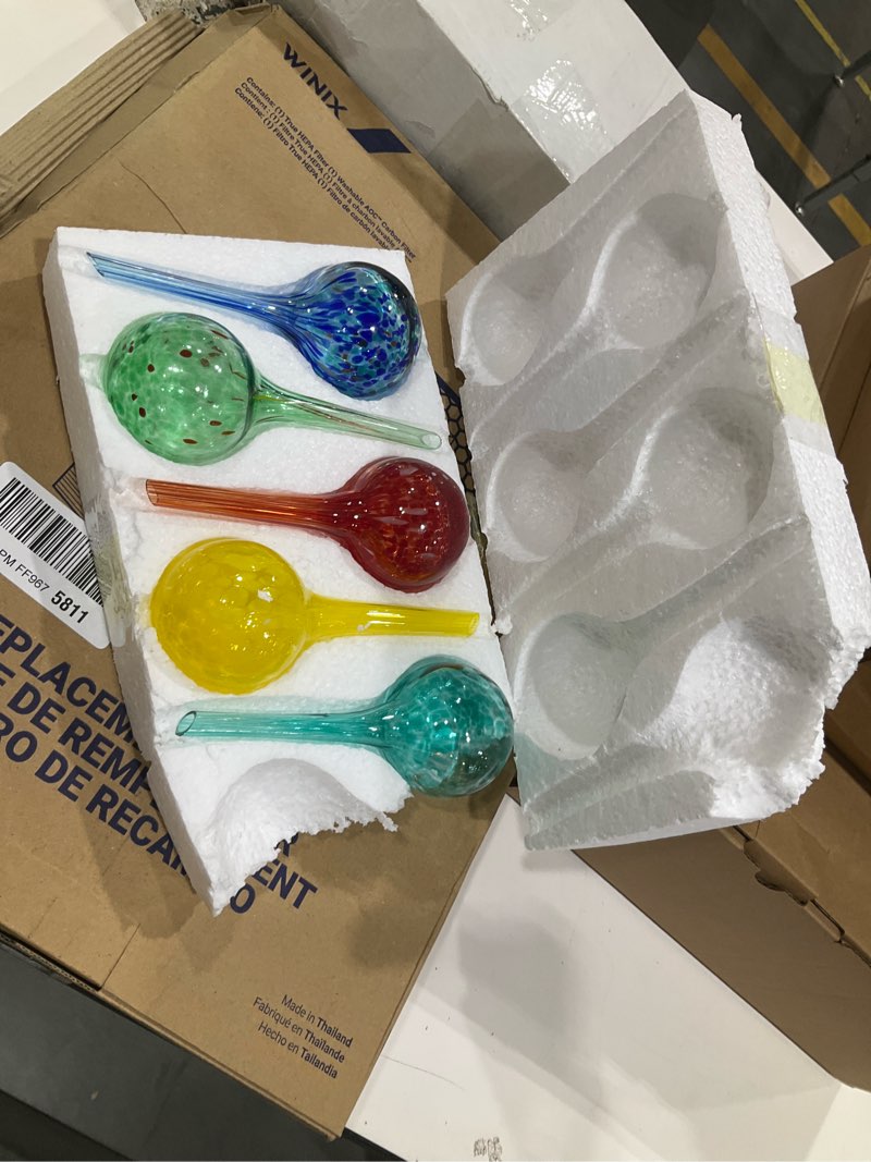 Condition photo showing As Is for plant watering globes set of 6 - small glass self watering bulbs up to 5 days of irrigation - for indoor & outdoor plants - multicolor, automatic, glass watering bulbs for daily use, watering devices set of 6 small