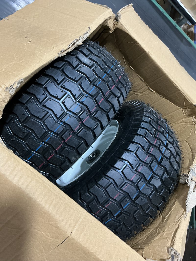Condition photo showing Good Condition for (2-pack) 16x6.50-8 tire and wheel assembly,tubeless lawn mower tire with rim, 16x6.5x6 front tires,1" bearings,4" centered hub,4 ply,fit for most riding mower,garden lawn tractor 16x6.50-8 tubeless (1" bearings,2 pack) white