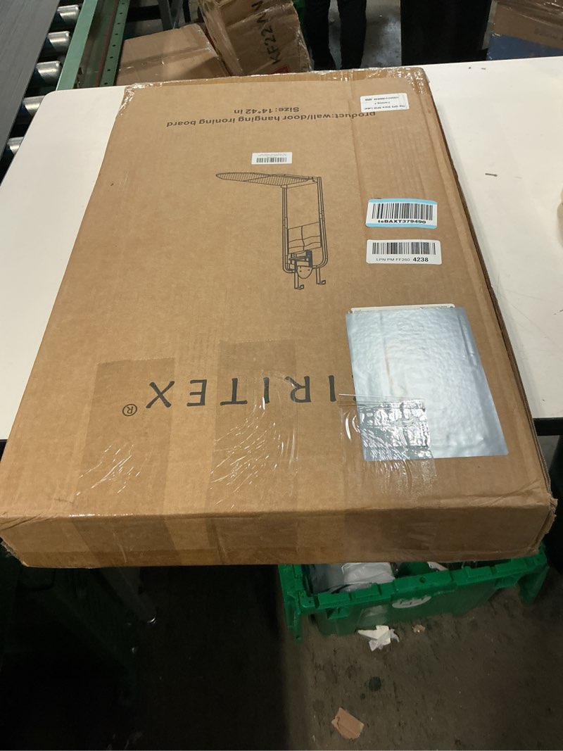 Condition photo showing New/Like New for Over The Door Ironing Board 14x42 inches with Iron Holder and Pocket Storage Bag, Hanging Iron Board for Home Laundry Room, Black Black 14x42 inches