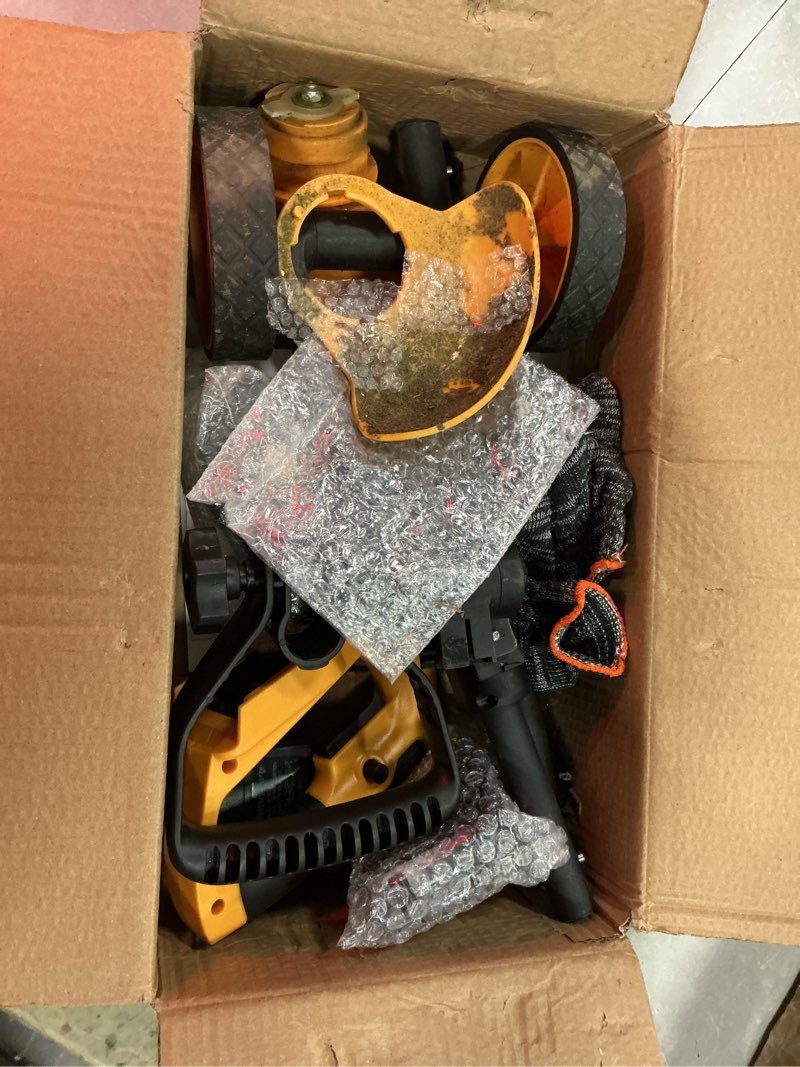 Condition photo showing As Is for electric weed wacker cordless with wheels,electric weed eater battery powered,4 in 1 grass trimmer/brush cutter/grass edger/small lawn mower,no string trimmer with metal blade,2 battery (yellow)