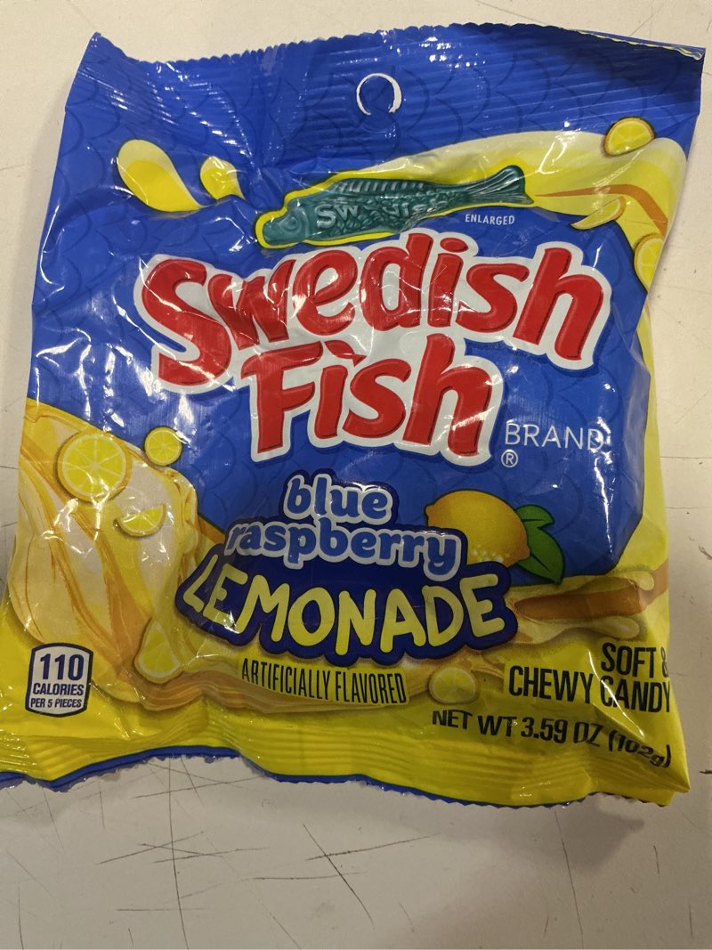 Condition photo showing New/Like New for (bb 19/aug/2026)swedish fish blue raspberry lemonade soft & chewy candy,  bags (pack of 12)