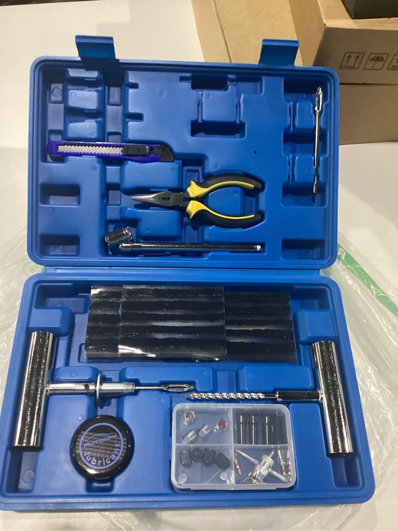 Condition photo showing Good Condition for autown tire repair kit - 68pcs heavy duty tire plug kit, universal tire repair tools to fix punctures and plug flats patch kit for car motorcycle, truck, arb?atv, tractor, rv, suv, trailer 67pcs