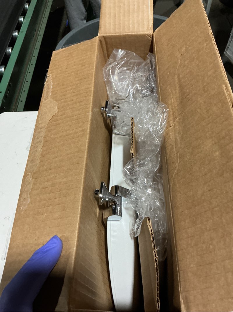 Condition photo showing Good Condition for mayfair padded toilet seat with chrome hinges, soft vinyl over wood core seat, made in usa, round, white elongated seat