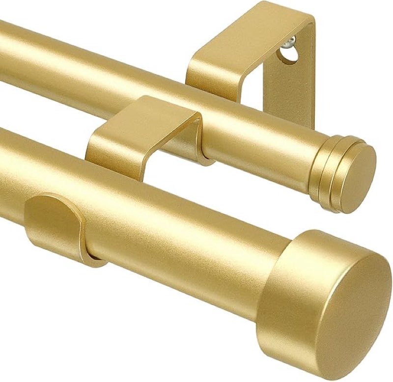 double curtain rods for windows 72-144 inches, 1'' front and 5/8''back double drapery rods with premium aluminum brackets and end cap finials, adjustable warm gold double window curtain rod 72-144" warm gold