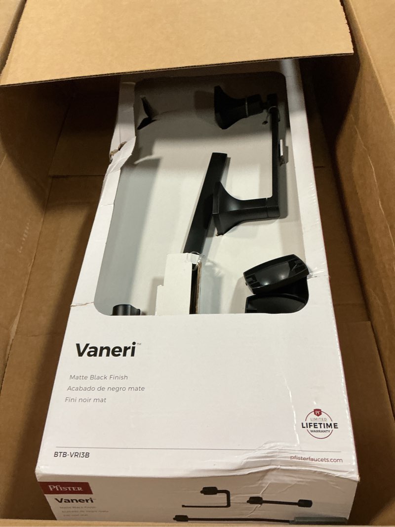 Condition photo showing As Is for pfister vaneri 3-piece bathroom hardware set with towel bar, towel ring, and toilet paper holder, wall-mounted, matte black finish, btbvri3b