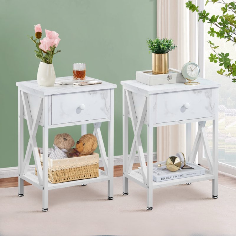 White Kempst 22\" Tall Nightstand, End Side Tables with Storage Drawer and Open Wood Shelf for Bedroom 