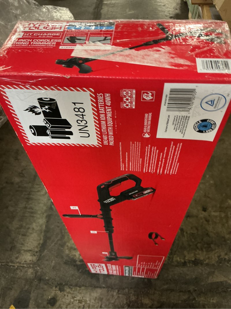 Condition photo showing As Is for hyper tough 12" 20v brushless cordless string trimmer with 20v max 2.0ah battery and charging cable