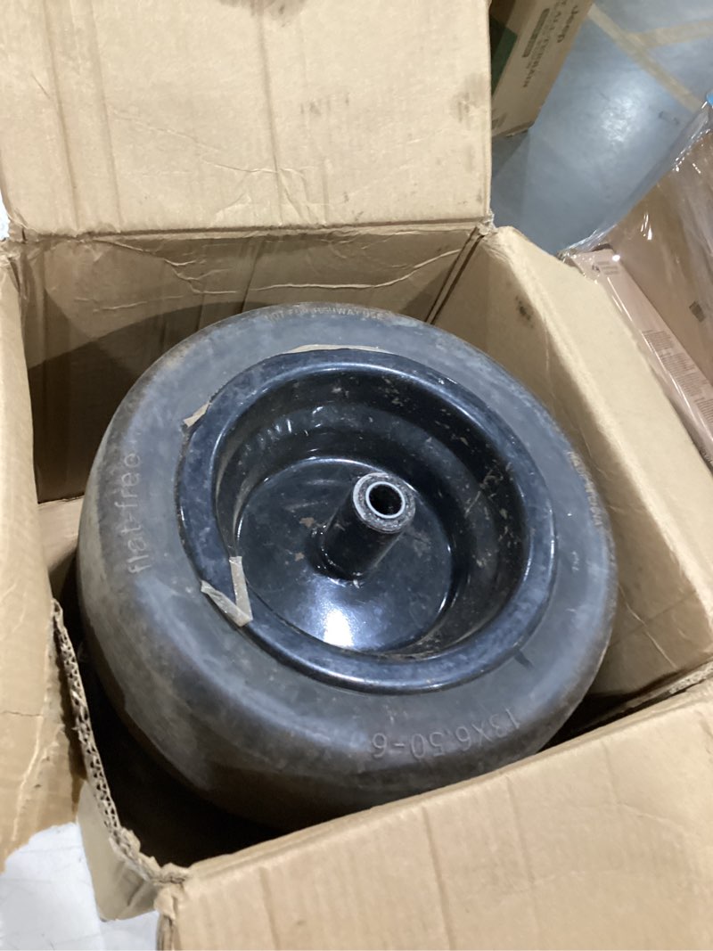 Condition photo showing As Is for 13x6.50-6" flat free lawn mower tires, universal fit solid front tires for zero turn mowers, adjustable hub with 3/4" & 5/8" bearings for residential & commercial use, 2 pack 13x6.50-6(heavy duty)