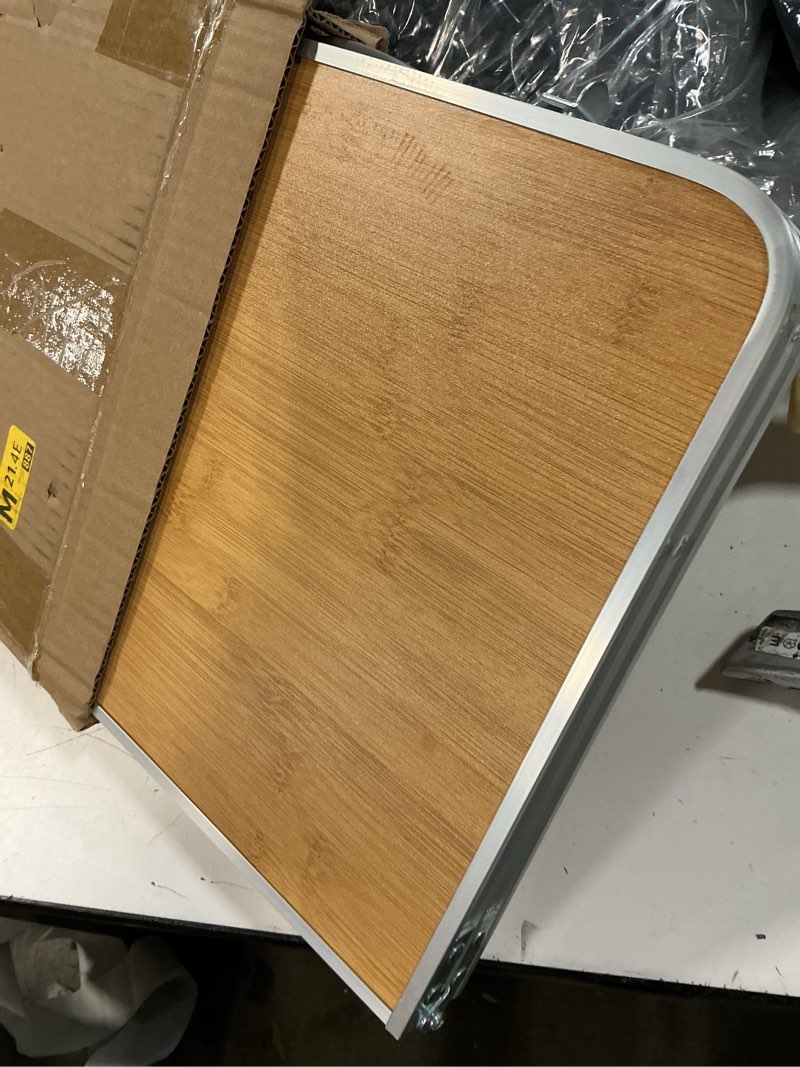 Condition photo showing Good Condition for foldable laptop table, bed desk, breakfast serving bed tray, portable mini picnic table & ultra lightweight, folds in half with inner storage space (bamboo wood grain)