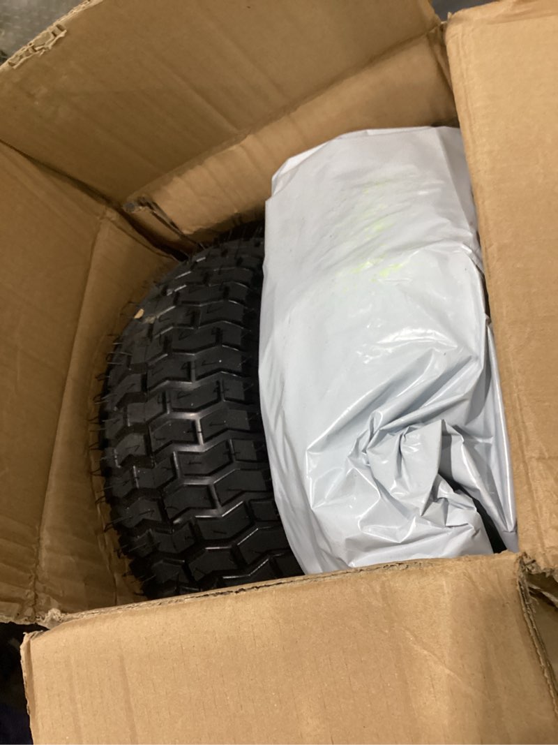 Condition photo showing Good Condition for 2pc 15x6.00-6 nhs front tire and wheel, 4 ply tubeless, 3/4" bearing with extra 5/8", compatible with most john deere 100 and 300 series, 3"-4.4" offset hub, fits 3/4" and 5/8" axles for riding mower. 2pc 15x6-6 tubless