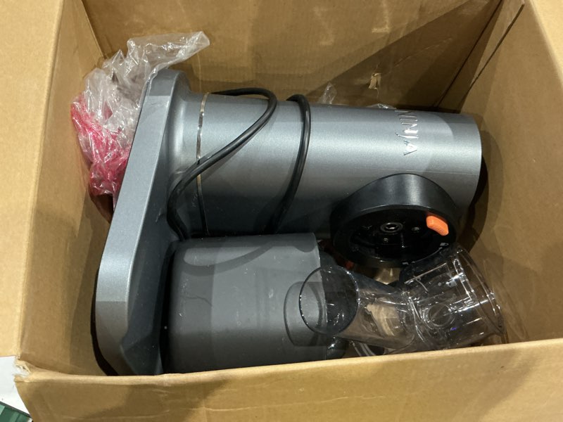 Condition photo showing As Is for ninja neverclog cold press juicer, powerful slow juicer with total pulp control, countertop, electric, 2 pulp functions, dishwasher safe, 2nd generation, charcoal, jc151