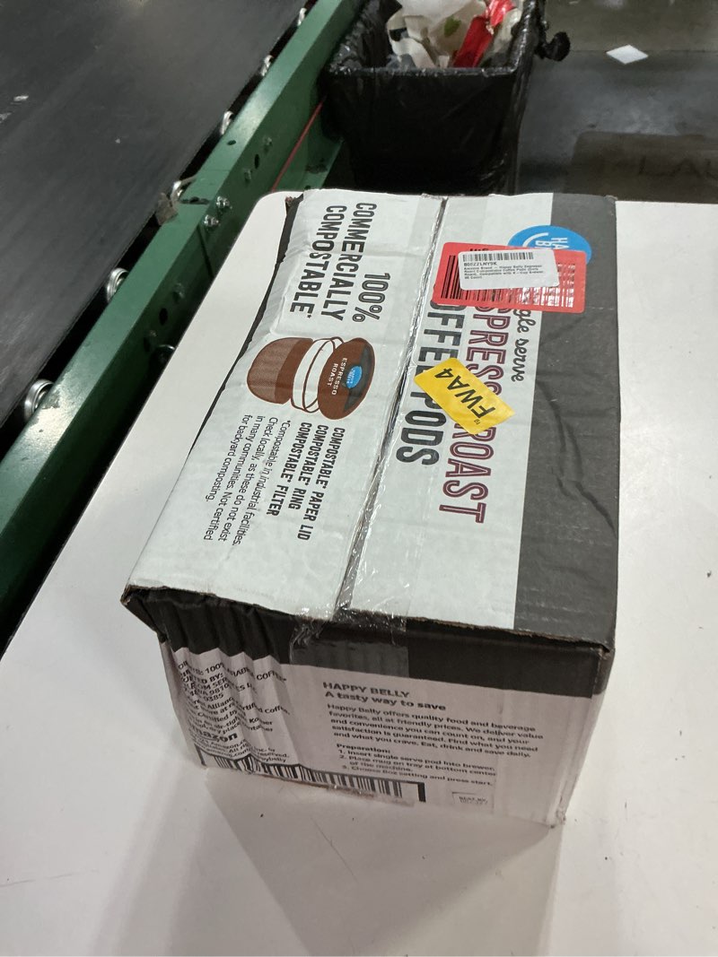 Condition photo showing New/Like New for ( best by :08/23/27) amazon brand - happy belly espresso roast compostable coffee pods (dark roast), compatible with k-cup brewer, 96 count