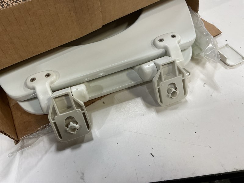 Condition photo showing As Is for mayfair linden slow close toilet seat, non slip heavy duty wood, easy install, round, white round traditional hinge