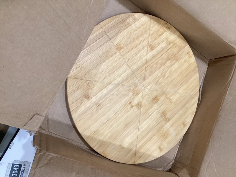 Condition photo showing As Is for 18" Pizza Cutting Board Extra Large Round Cutting Boards Double Sided 2XL 18inch Tray Pizza Oven Accessories Prep Board Paddle Wooden with Cutting Grooves Circular Circle Bamboo Serving Platter