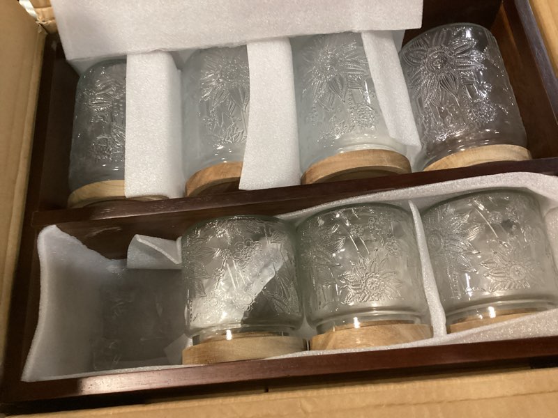 Condition photo showing As Is for 2-layer bamboo tea organizer rack with 7 vintage glass jar, 17 & 23.7 oz tea tins with airtight lids for loose leaf tea storage, glass food storage containers for coffee candy spices nut cereals