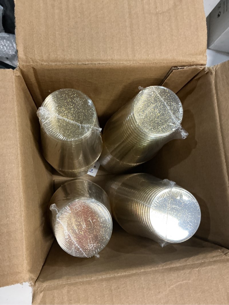 Condition photo showing New/Like New for goodluck 14 oz 100 pcs gold glitter plastic cups, disposable glitter cups, elegant plastic cocktail glasses, fancy party cups for wedding, birthday, holiday 100pcs 14oz gold glitter