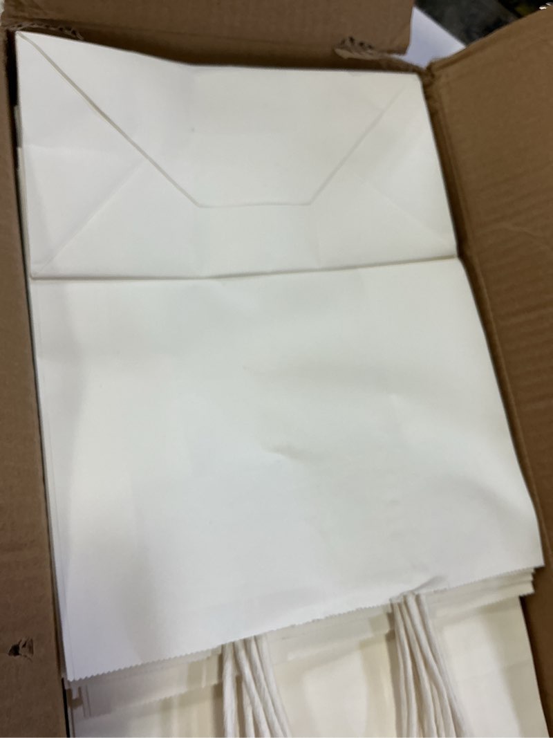 Condition photo showing New/Like New for BAG BOX 100 Pack 8.25x4.3x10.6 Inch White Gift Bags with Handles,Bulk Kraft Paper Bags for Shopping, Retail, Merchandise, Wedding, Party Favors, Paper Grocery Sacks White 8.25 * 4.3 * 10.6 inch?Pack of 100?