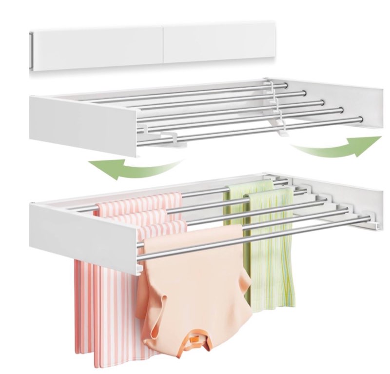 wall mounted drying rack for laundry - heavy duty retractable clothes drying rack, space saving foldable laundry drying rack with hooks, rust-proof aluminum for indoor bathroom balcony (white)