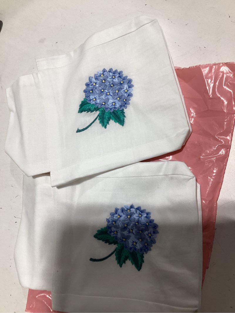 Condition photo showing As Is for fabric tissue box cover set of 2, vintage floral embroidery hydrangea tissue holder, bouquet wrapping bag, car tissue holder, tissues box cover square 4.5"x4.5"x5.5", white square tissue box cover hydrangea 4.5x4.5x5.5 in