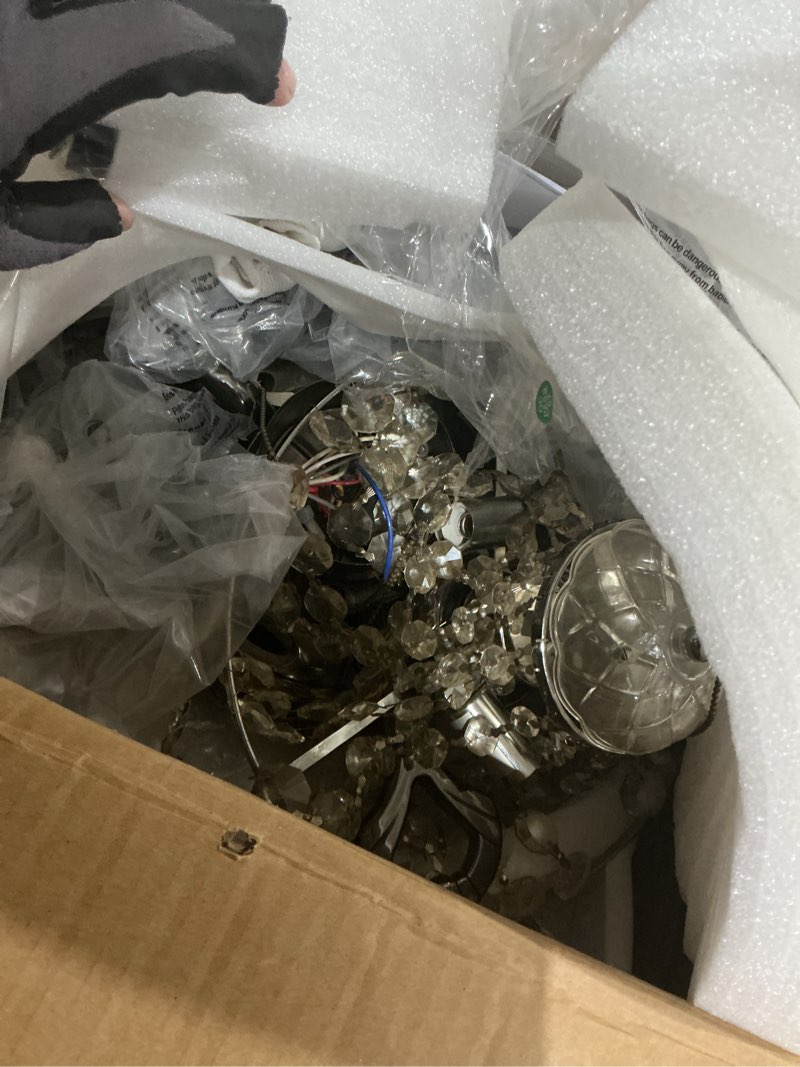 Condition photo showing As Is for 48" Black Crystal Chandelier with Fan,Dimmable LED Crystal Fandelier Ceiling Fans with Lights and Remote,Modern Retractable Invisible Ceiling Fan for Dinning Room Living Room Bedroom Black 48"