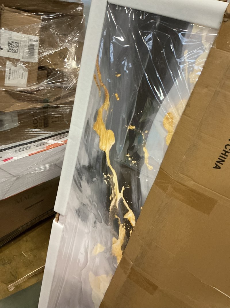 Condition photo showing New/Like New for sdya large abstract canvas wall art gold decoration blue painting for living room bedroom kitchen home office 29x58 inch 58"l x 29"w abstract gold