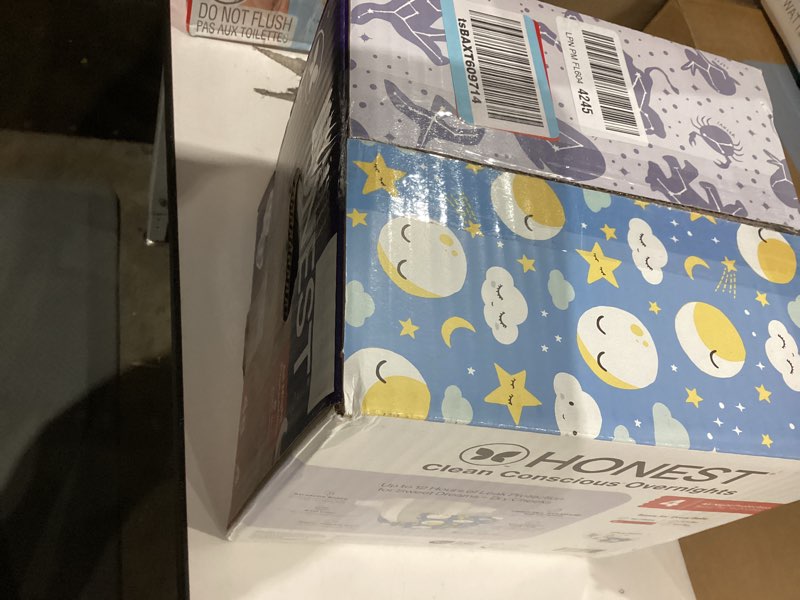 Condition photo showing New/Like New for The Honest Company Comfort Dry Disposable Overnight Diapers for Sensitive Skin, Hypoallergenic, Baby Cozy Cloud and Star Signs Design Club Box Size 4 (22–37 lbs) 48 Count Size 4 48