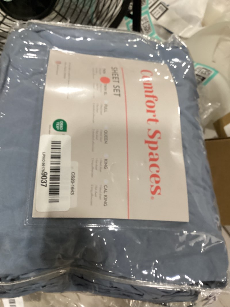 Condition photo showing New/Like New for comfort spaces 100% cotton sheet set twin xl sheet set, breathable, lightweight with 12" elastic pocket fits up to 14" mattress, all season cozy bedding, matching pillow case, twin xl blue 3 piece blue twin xl