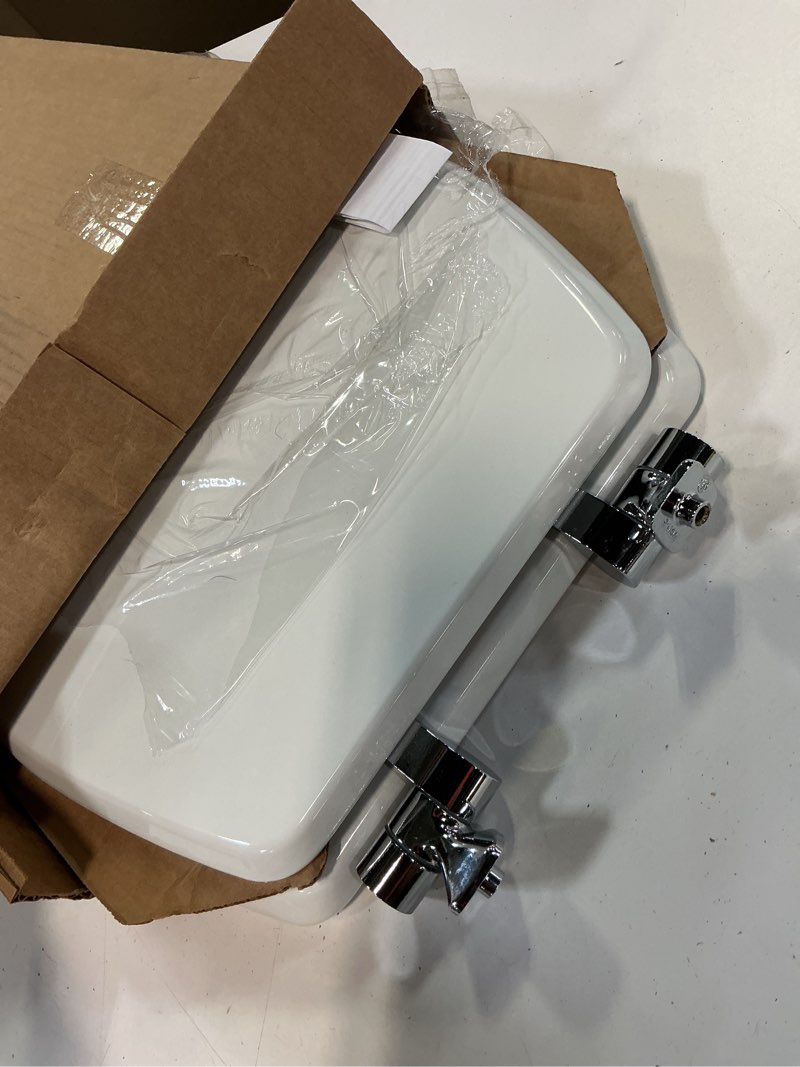 Condition photo showing As Is for Bemis Alesio Slow Close Toilet Seat, Sleek Chrome Hinges and Adjustable Perfect Fit Wood Seat, Made in USA, Round, White Round White & Chrome