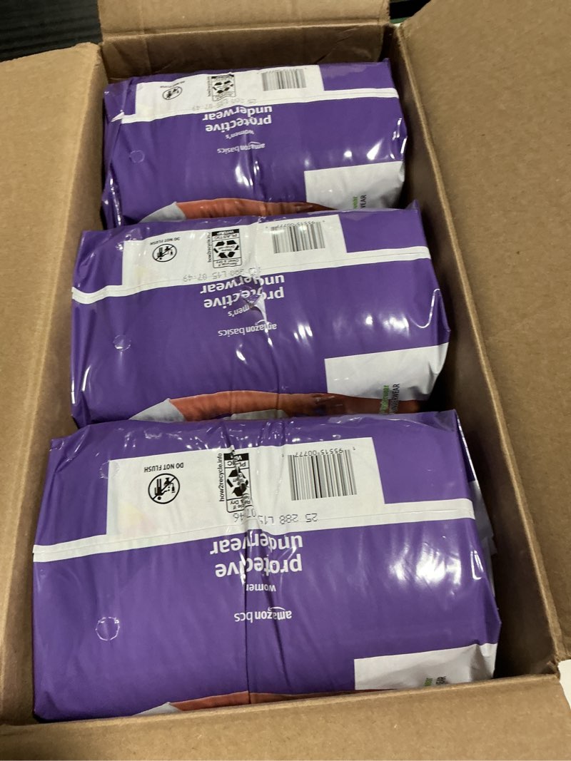 Condition photo showing New/Like New for Amazon Basics Incontinence Underwear for Women, Protective, Disposable, Postpartum, Maximum Absorbency, X-Large, Lavender, 48 Count (3 Packs of 16)