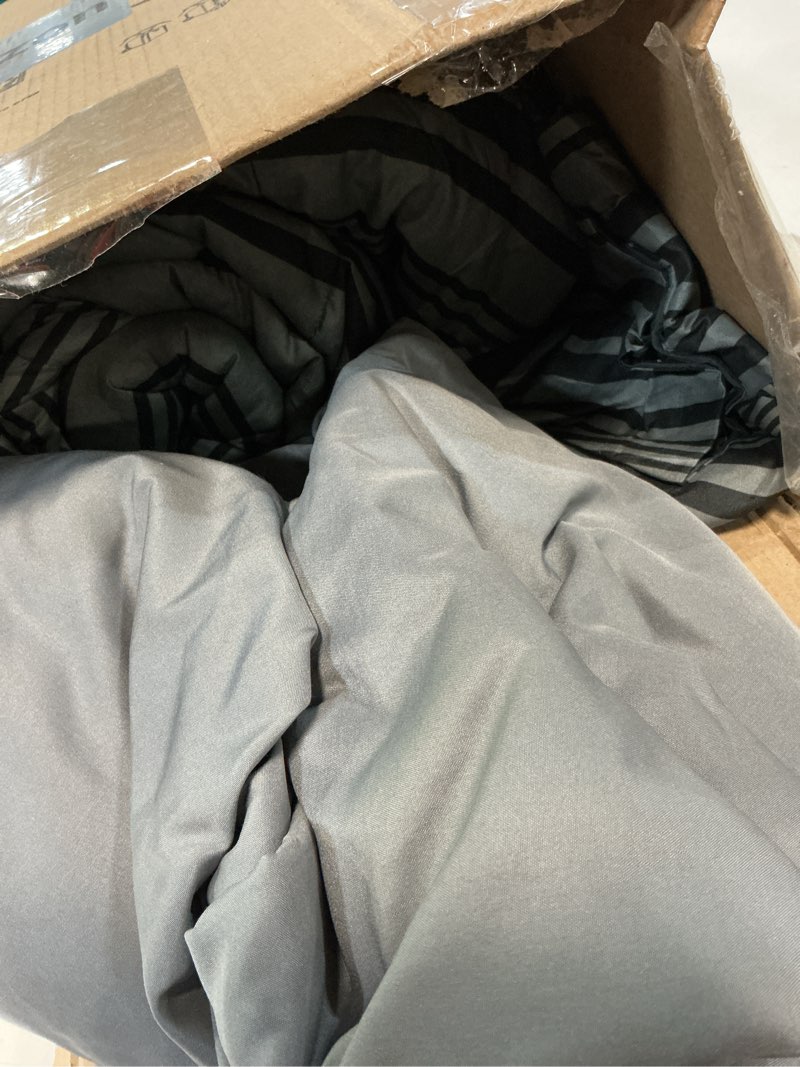 Condition photo showing Good Condition for Amazon Basics Full/Queen Comforter Set with Sheets, 7-Piece Gray Calvin Stripe Bedding, Lightweight Microfiber Bed-in-a-Bag, Striped 1-Pack Full/Queen Gray Calvin Stripe