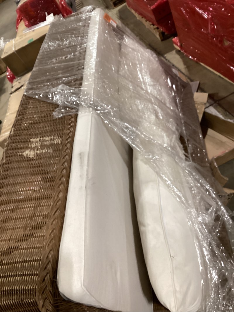 Condition photo showing As Is for bali & pari Derris Braided Rattan Sofa, Boho Wicker Couch, Peanut Brown