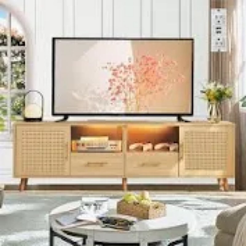 Heyer Large Wood Rattan TV Stand for TVs up to 75" with LED Light and Charging Station, Coastal Media Console Table, Multimedia Storage Furniture with 2 Drawers, Lighting TV Cabinet